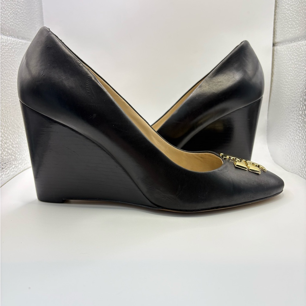 EUC Tory Burch Raleigh Wedge Black Heels with Gold Logo - Picture 3 of 10